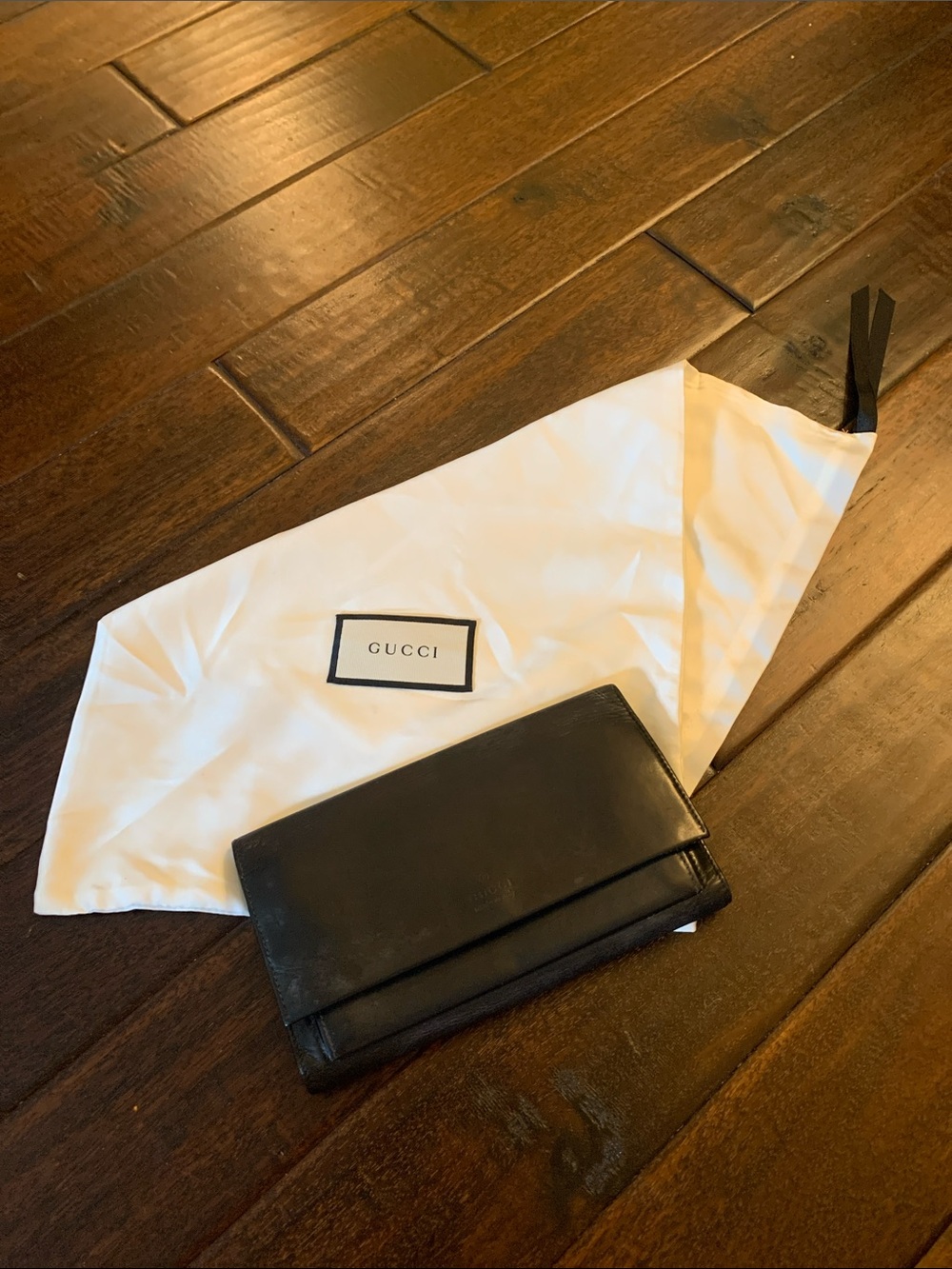 Gucci Black Leather Trifold oversized Wallet with Dust Bag Shown